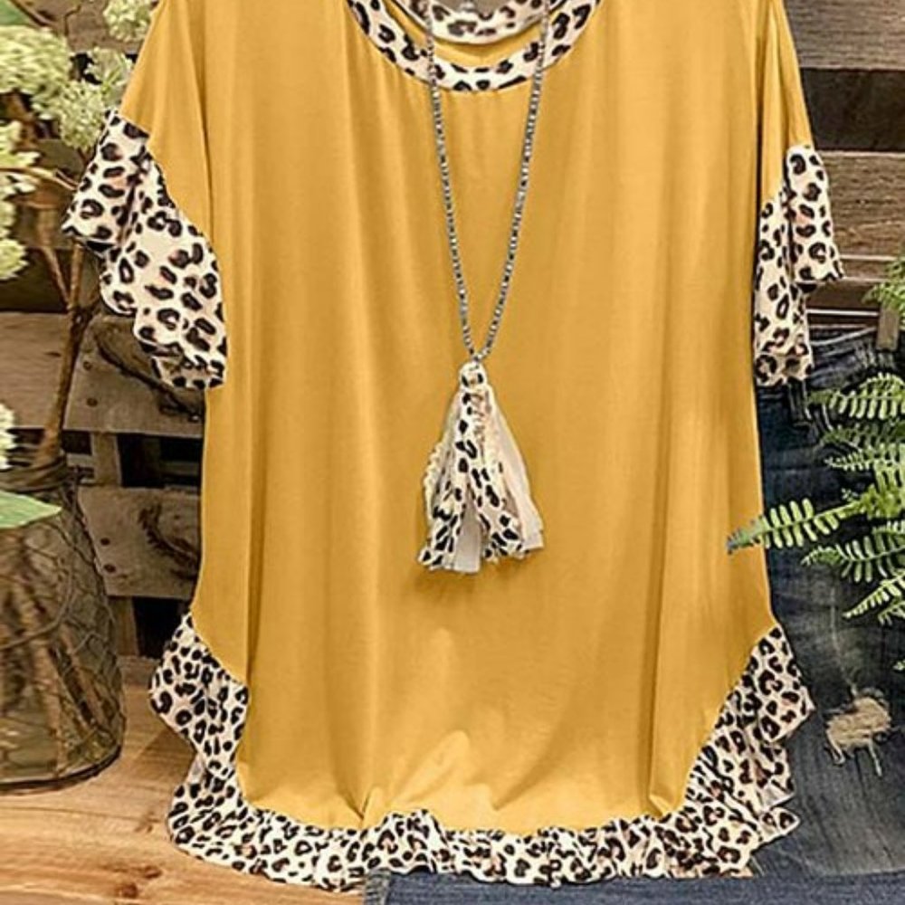 Yellow Leopard Contrast-Trim Ruffle-Accent Swing Top